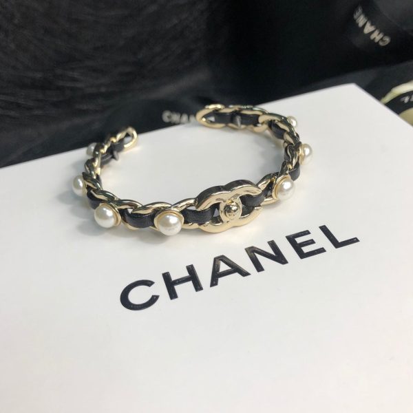 18K CC Leather Open Cuff Bracelet - Image 9