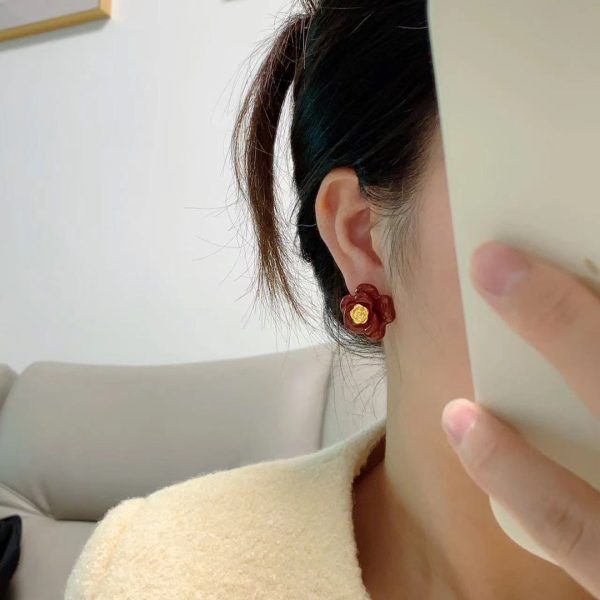 18K CC Red Camellia Resin Earrings - 图片 4
