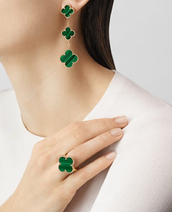 18K Magic Alhambra Three Malachite Motifs Clover Earrings - 图片 3