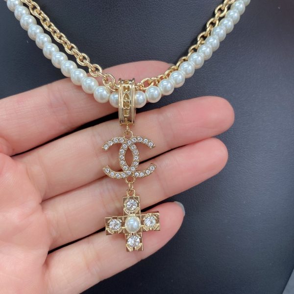 18K CC Cross Diamond Pearl Chain Necklace - Image 8