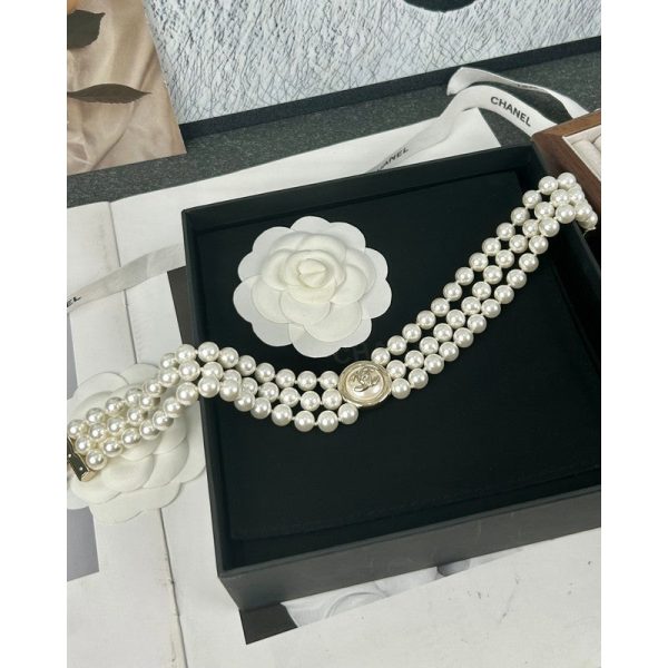 18K CC Choker Pearl Chain Necklace - 图片 5