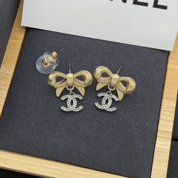 18K CC Bow Tie Gold Earrings - 图片 5