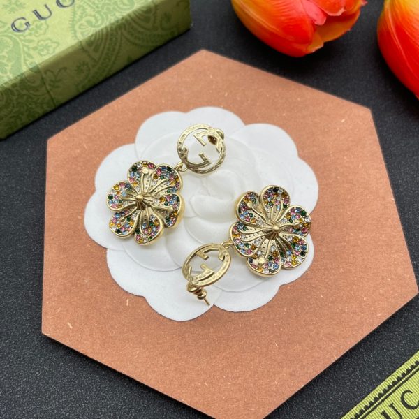 18K Double G Color Crystals Flower Earrings - 图片 3