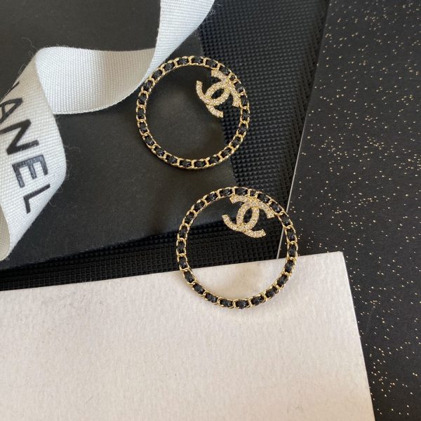 18K CC Black Leather Circle Earrings - 图片 2