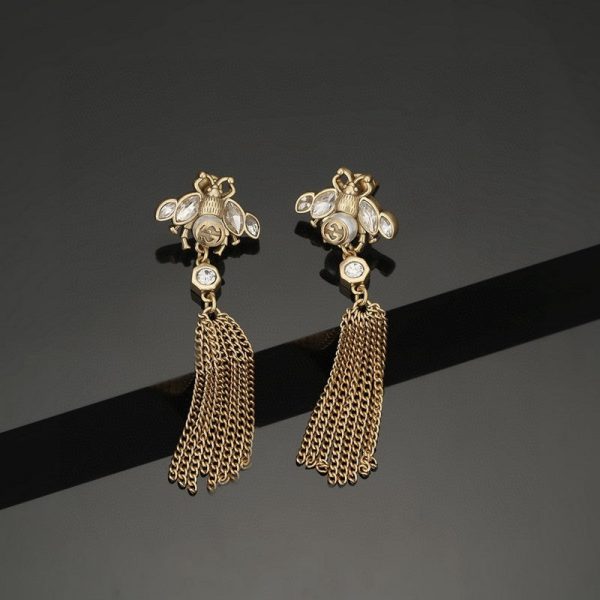 18K Double G Bee Tassel Crystal Earrings - 图片 4