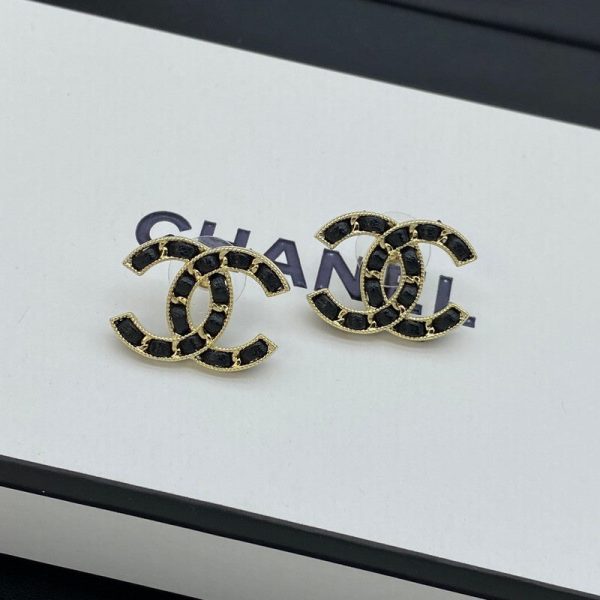 18K CC Black Leather Gold Earrings - Image 4