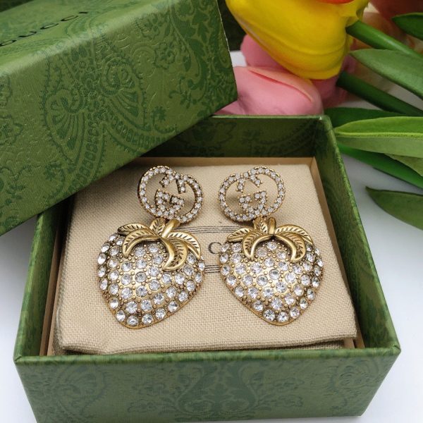 18K Double G Crystal Strawberry Pendant Earrings - 图片 4