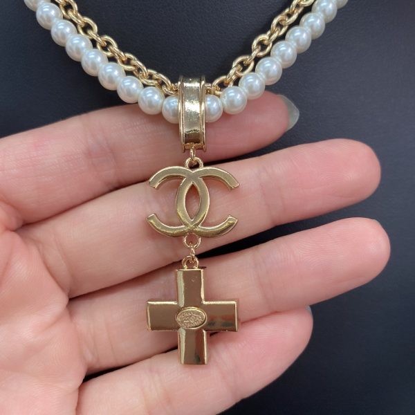 18K CC Cross Diamond Pearl Chain Necklace - Image 2