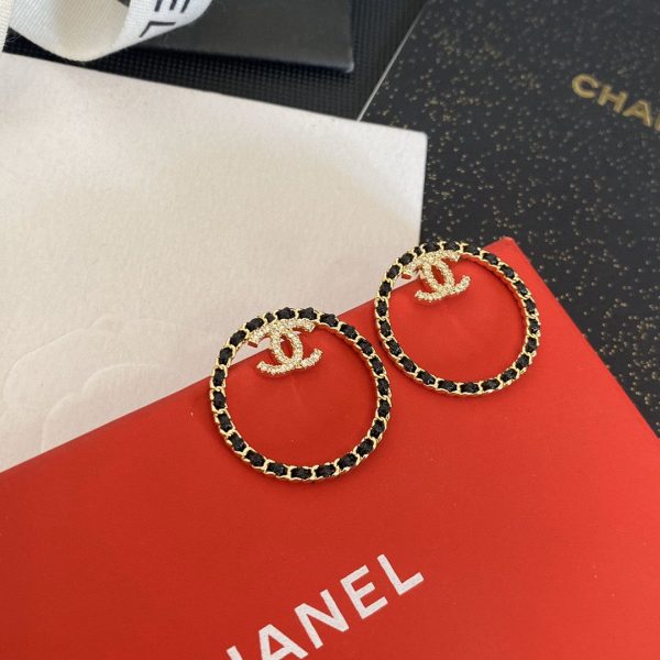 18K CC Black Leather Circle Earrings - 图片 7
