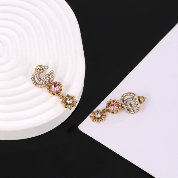 18K Double G Flower Crystal Earrings - 图片 5