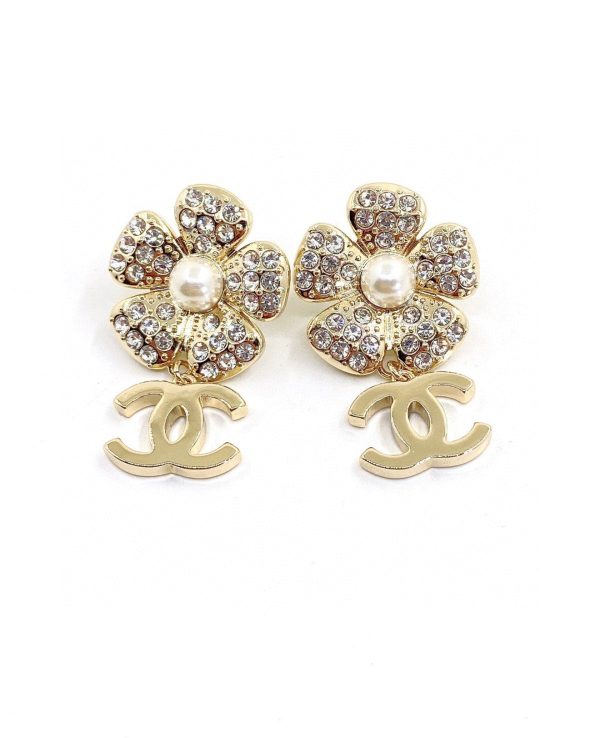 18K CC Flower Full Crystals Earrings - 图片 3