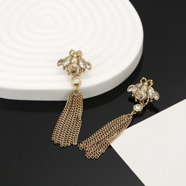 18K Double G Bee Tassel Crystal Earrings - 图片 5