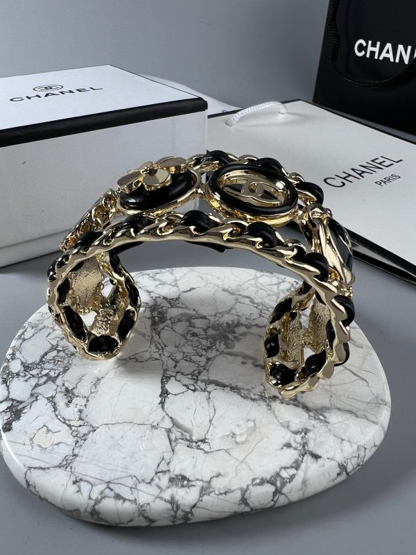 18K CC Leather Open Cuff Bracelet - 图片 5