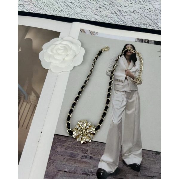 18K CC Black Leather Flower Necklace - 图片 6