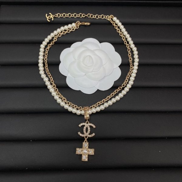 18K CC Cross Diamond Pearl Chain Necklace - Image 3