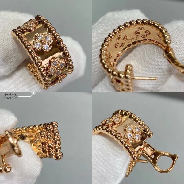 18K Rose Gold Perlée Clovers Hoop Earrings - 图片 3