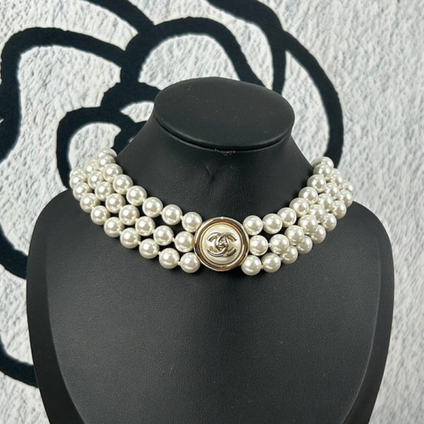 18K CC Choker Pearl Chain Necklace - 图片 2