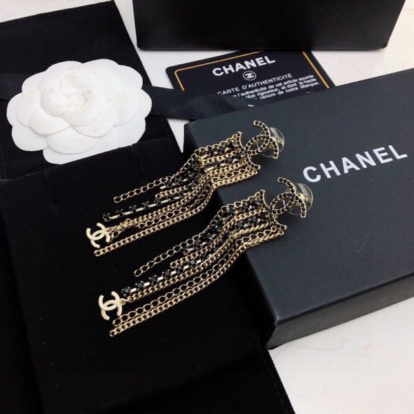 18K CC Black Crystal Tassel Earrings - 图片 5