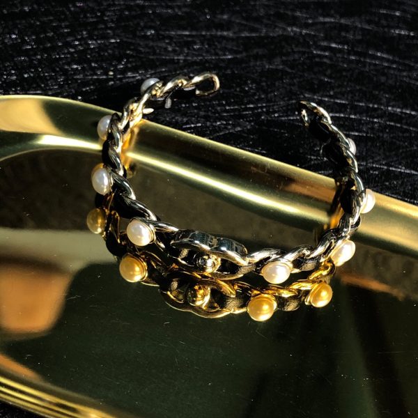 18K CC Leather Open Cuff Bracelet - Image 4