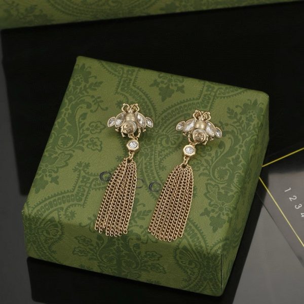 18K Double G Bee Tassel Crystal Earrings - 图片 6