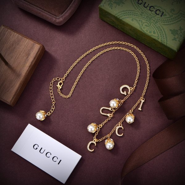 18K Double G Logo Plaque Embellished Pearl Necklace - 图片 5