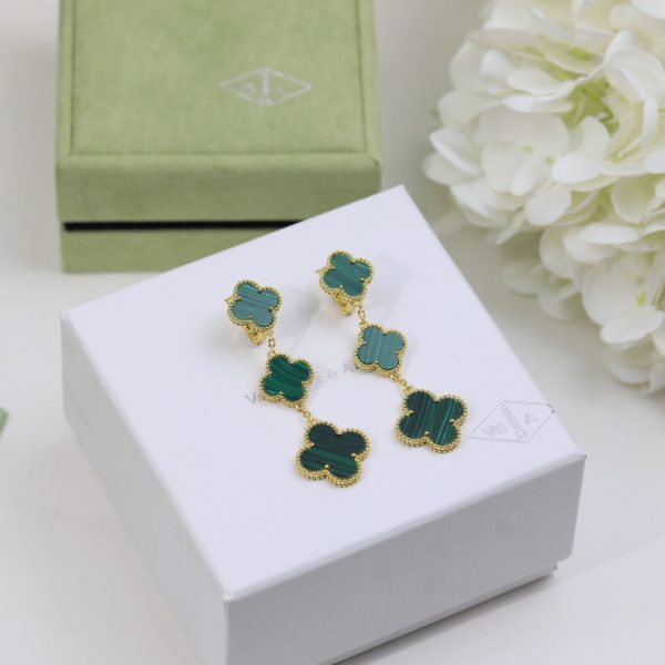 18K Magic Alhambra Three Malachite Motifs Clover Earrings - 图片 7