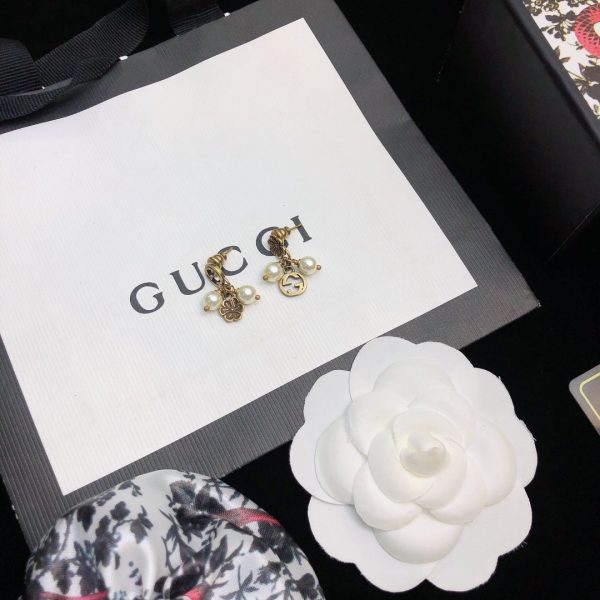 18K Double G Flower & Pearl Pendant Earrings - 图片 2