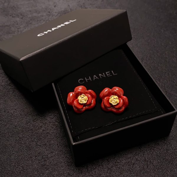 18K CC Red Camellia Resin Earrings - 图片 7