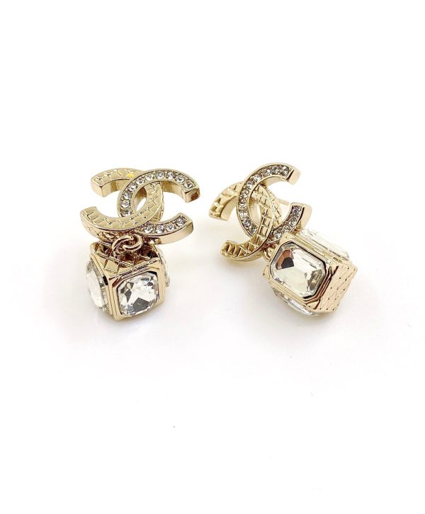 18K CC Square Crystal Pendant Earrings - 图片 6