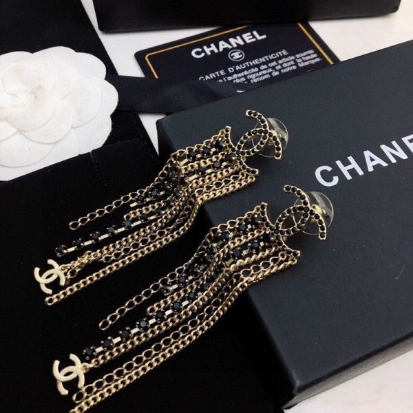18K CC Black Crystal Tassel Earrings - 图片 6
