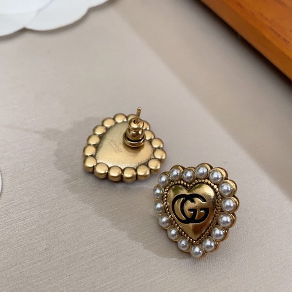 18K Double G Heart Pearl Earrings - 图片 6