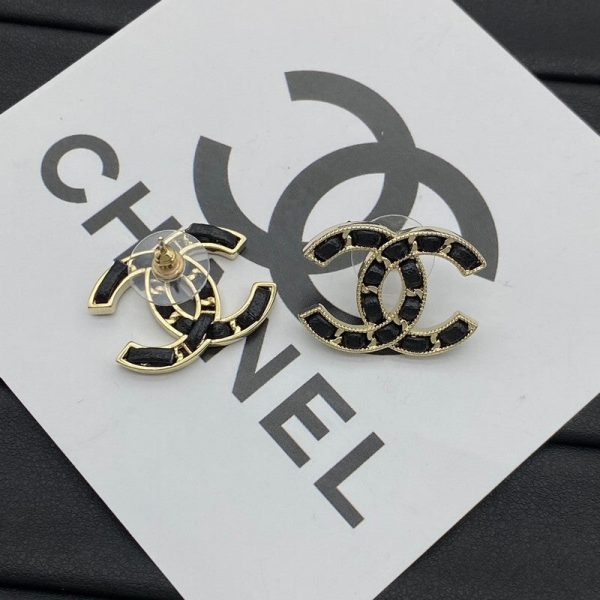 18K CC Black Leather Gold Earrings - Image 6