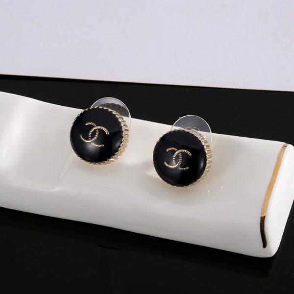 18K CC Circle Black Resin Earrings - 图片 7