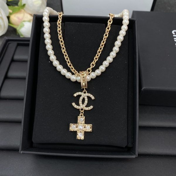 18K CC Cross Diamond Pearl Chain Necklace - Image 5