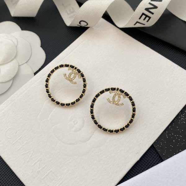 18K CC Black Leather Circle Earrings - 图片 3