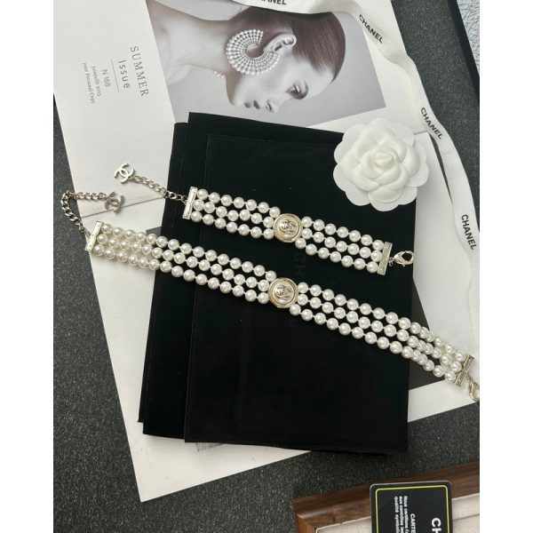 18K CC Choker Pearl Chain Necklace - 图片 8
