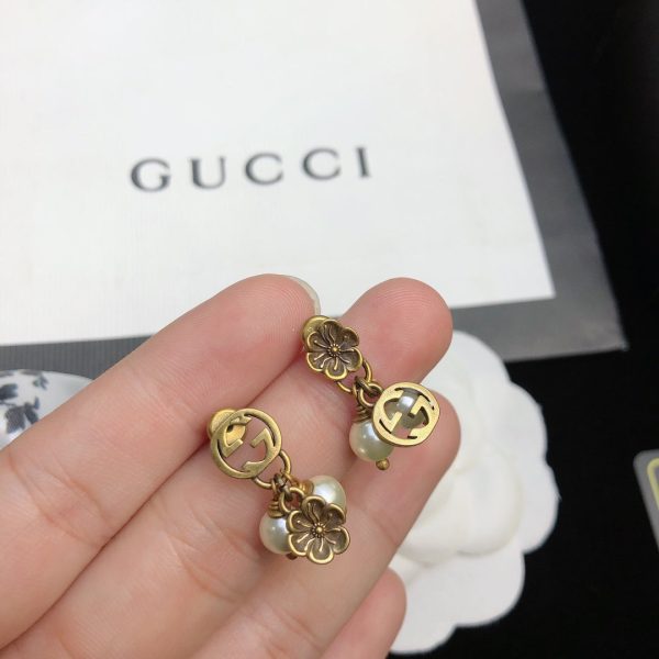 18K Double G Flower & Pearl Pendant Earrings - 图片 5