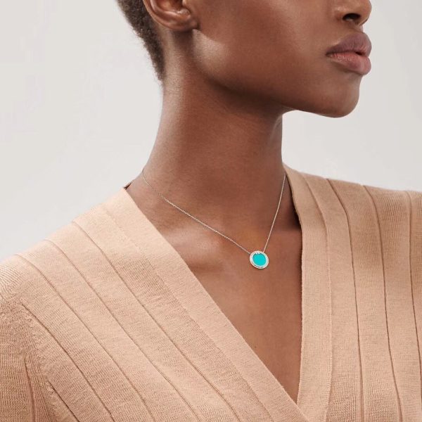 18K T Diamond & Turquoise Circle Pendant Necklace - 图片 7