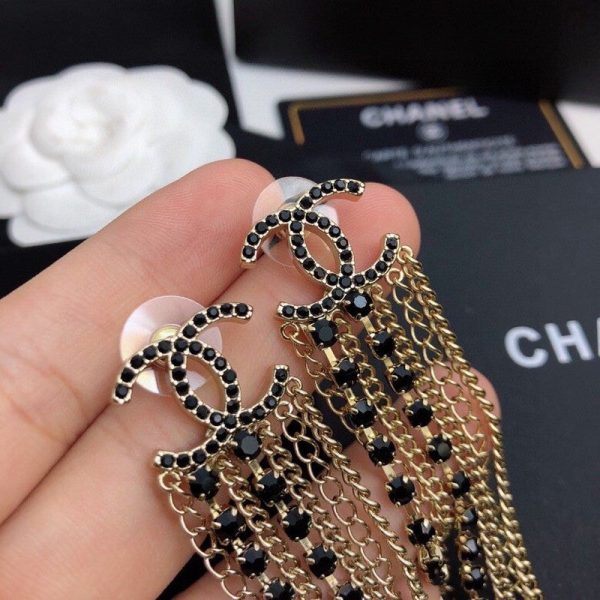 18K CC Black Crystal Tassel Earrings - 图片 8