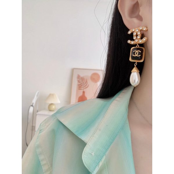 18K CC Long Pearl Pendant Earrings - 图片 6