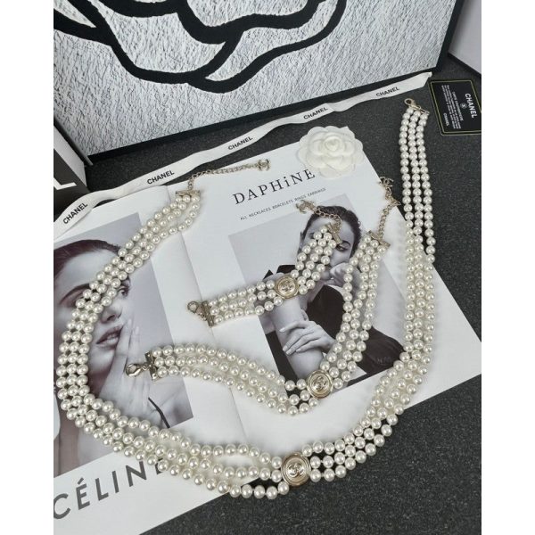 18K CC Choker Pearl Chain Necklace - 图片 9