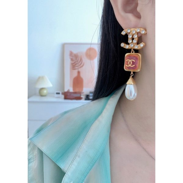 18K CC Long Pearl Pendant Earrings - 图片 9