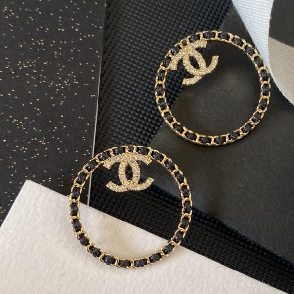 18K CC Black Leather Circle Earrings - 图片 4