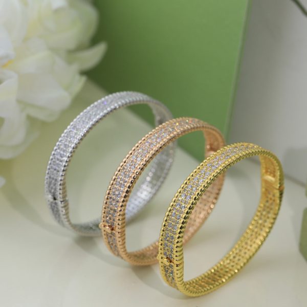 18K Yellow Gold Perlée Diamonds Three Rows Bracelet - Image 7