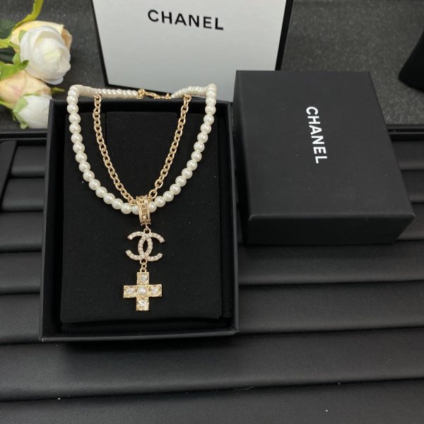 18K CC Cross Diamond Pearl Chain Necklace - Image 6