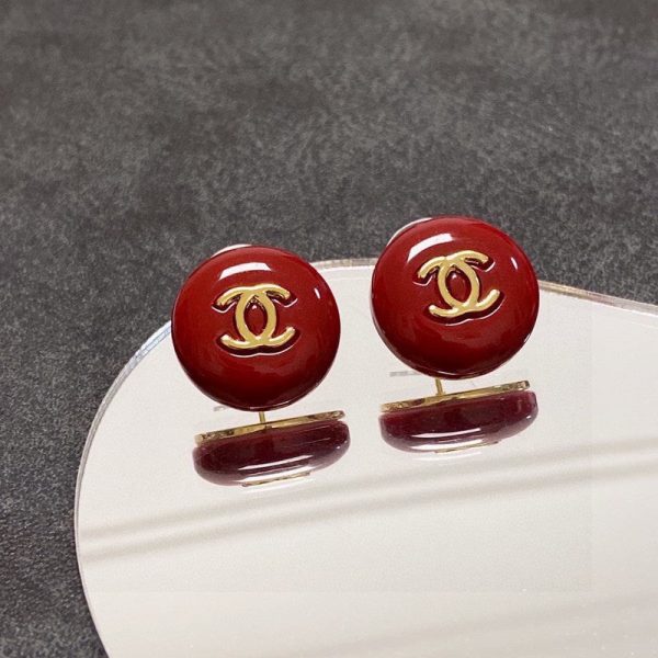 18K CC Wine Red Round Earrings - 图片 3