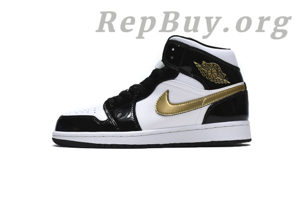 Top Version Air Jordan 1 Mid Patent Black White Gold 852542-007 - Image 2