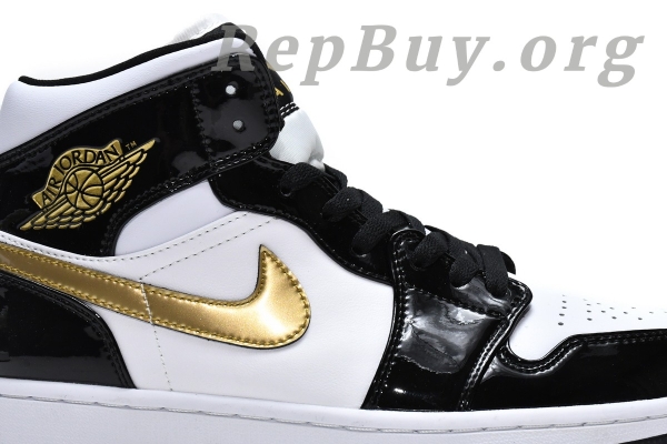Top Version Air Jordan 1 Mid Patent Black White Gold 852542-007 - Image 11