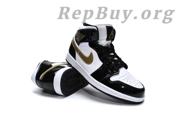 Top Version Air Jordan 1 Mid Patent Black White Gold 852542-007 - Image 18