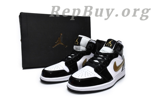 Top Version Air Jordan 1 Mid Patent Black White Gold 852542-007 - Image 17